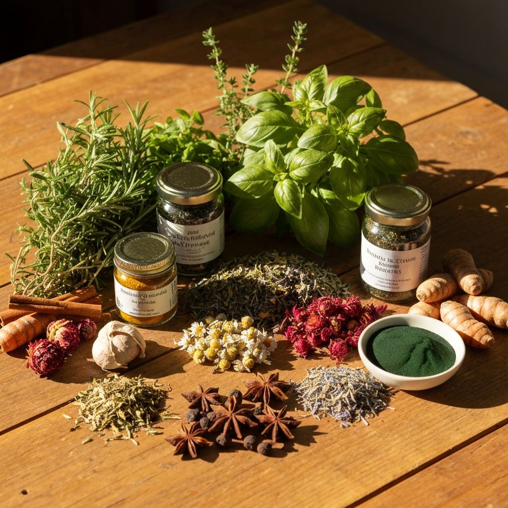 Natural ingredients and herbs arranged on wooden surface